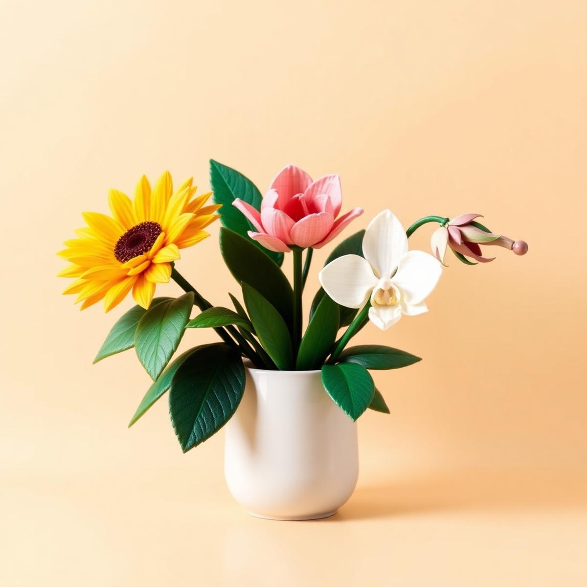 Brick-built sunflower, tulip, orchid and epiphyllum flowers arranged in a modern ceramic vase